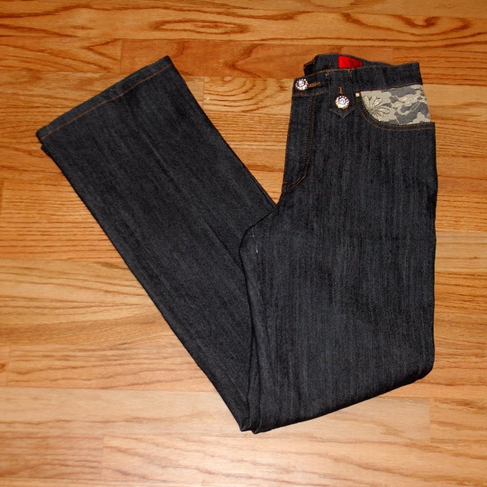 V Cristina Black Jeans with Lace and Rhinestone Button Accents - Picture 4 of 12